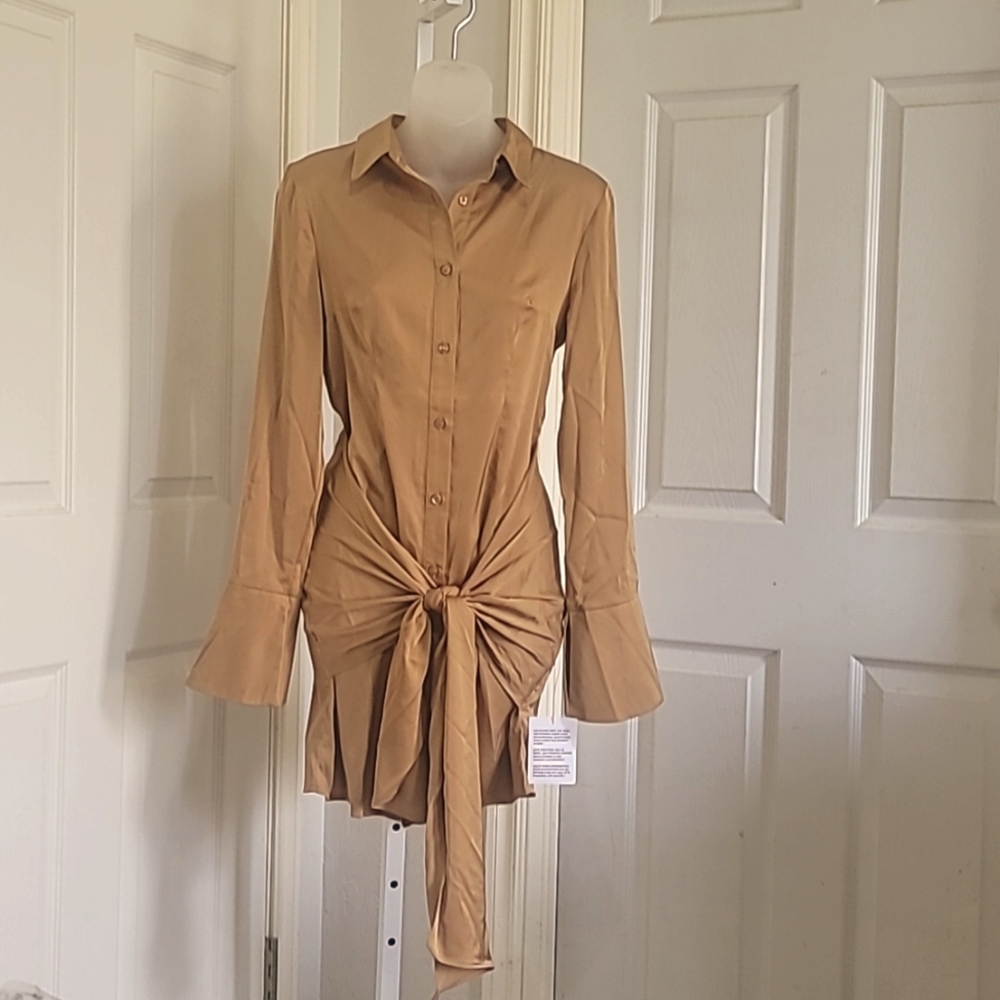 Gold silk button up shirt with front tie